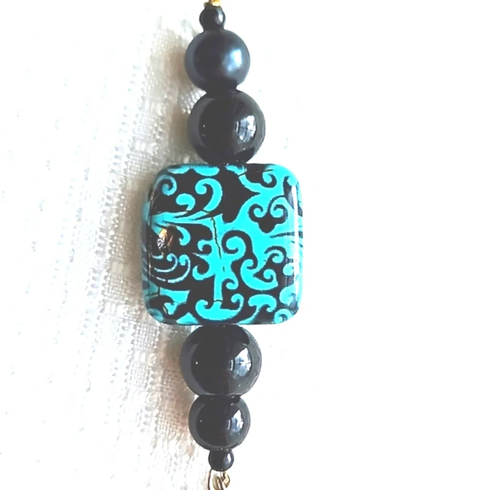 Hand Crafted Silver Angel Black Blue Beaded Keychain